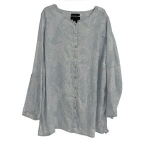 Tahari 100% Linen Button Up Tunic Top Womens 1X Blue Roll Tab Sleeve Leaf Print
